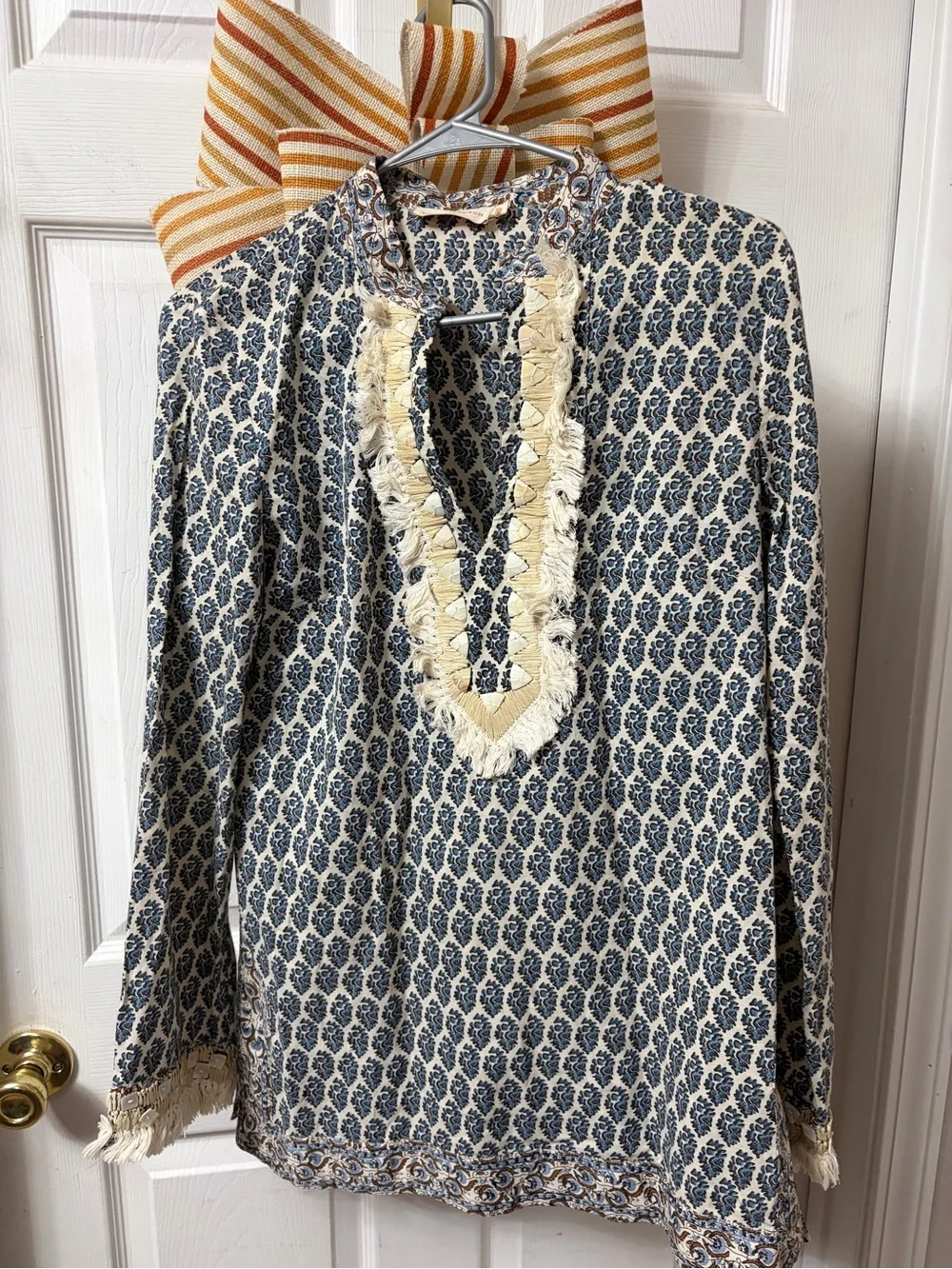 Tory Burch Cream Tunic with Navy Botanical Print and Fringe